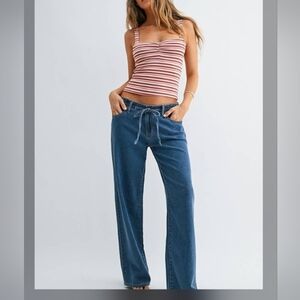 Low Rise Drawstring Linen Blend Denim